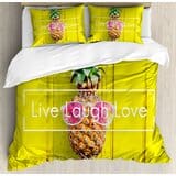 live-laugh-love-tropical-pineapple-with-sunglasses-on-wood-board-joyful-print-duvet-cover-set Pineapple Bedding Sets & Quilts & Duvet Covers