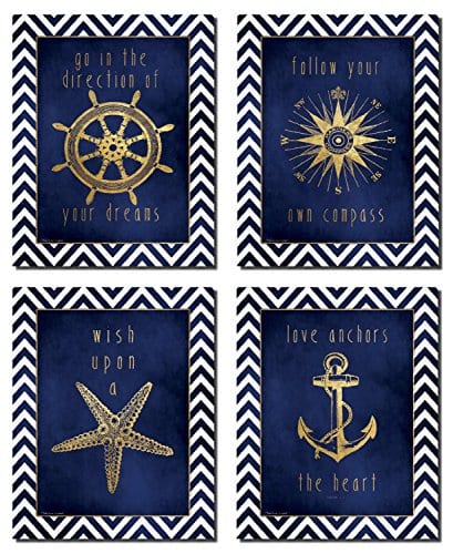 Beautiful Gold And Blue Chevron Inspirational Nautical Prints 0