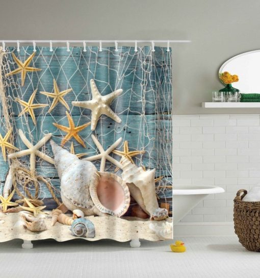 Seashell Conch and Starfish Shower Curtain