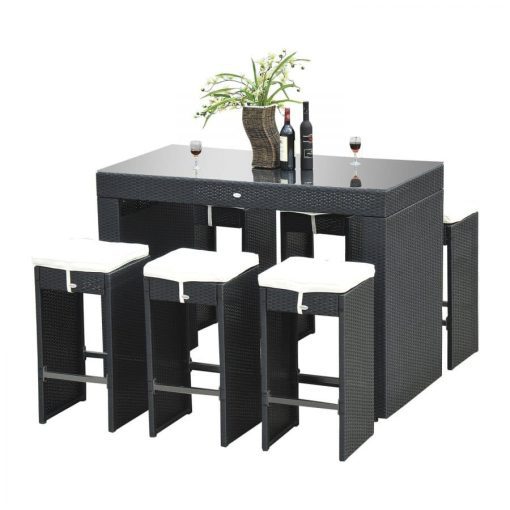 Outsunny 7PC Black Wicker Barstool Dining Table