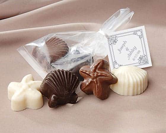 Chocolate-Shell-and-Starfish-Favor-with-Personalized-Tag Beach Wedding Favors & Coastal Wedding Favors