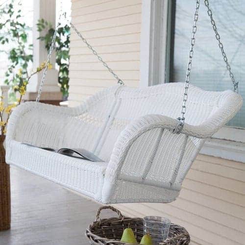 white-hanging-wicker-porch-swing Wicker Swing Chairs & Wicker Porch Swings