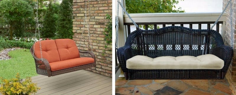 Pemberly Row Wicker Patio Porch Swing with Cushion in Honey and Tan