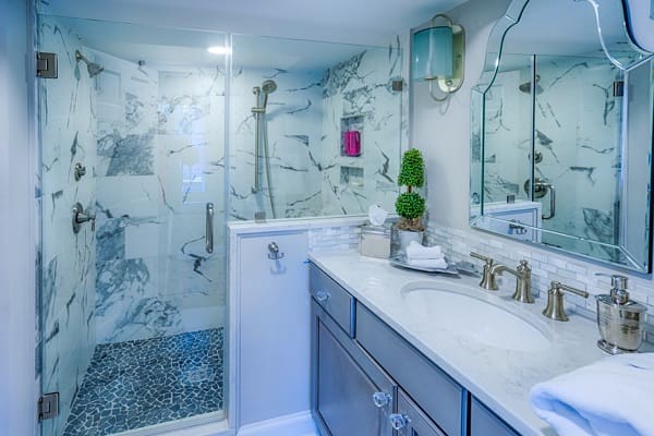 Gray-Bathroom-by-Re-Builders-Inc 31 Beach Cottage Bathroom Ideas