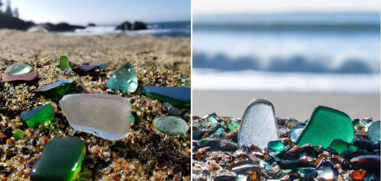green and white sea glass on the beach