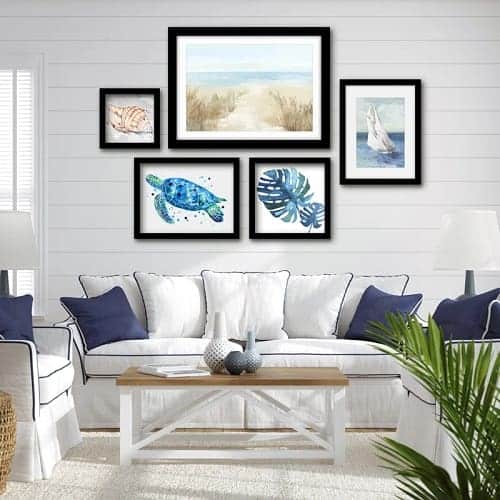 Americanflat-5-Piece-Framed-Gallery-Wall-Art-Set-Blue-Coastal-Nature-Sailing 20 Beach and Coastal Gallery Wall Art Ideas