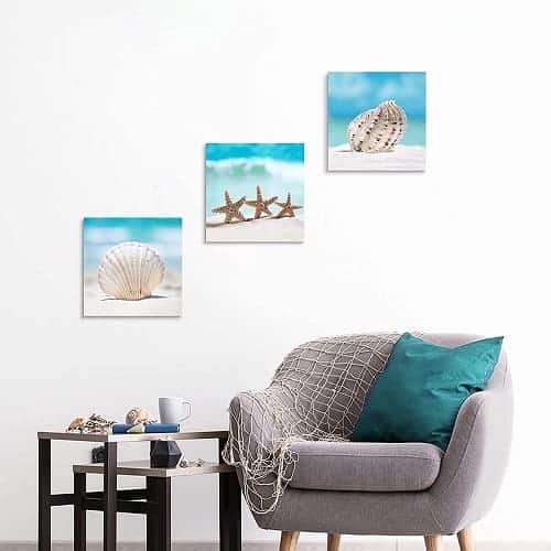 Beach-Canvas-Wall-Art-Decor-Coastal-Seashell-Picture-Seaside-Starfish-Painting-Tropical-Seascape-Artwork-Print-on-Blue-Ocean-Canvas 20 Beach and Coastal Gallery Wall Art Ideas