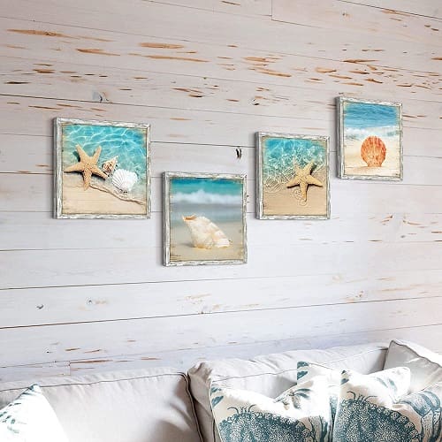 Beach-Pictures-Framed-Wall-Art-Seascape-Artwork-Set-of-4-Seashell-Starfish-Pictures-Prints-on-Wood 20 Beach and Coastal Gallery Wall Art Ideas