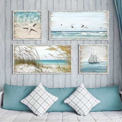 Coastal-Framed-Wooden-Wall-Art-Beach-Art-Ocean-Prints-Set-of-4-Starfish-Pictures-Seascape-Artwork-for-Living-Room 20 Beach and Coastal Gallery Wall Art Ideas