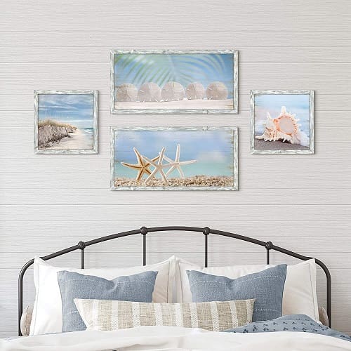 Starfish-Prints-Wooden-Wall-Art-Ocean-Art-Set-of-4-Seashell-Pictures-Collection-Beach-Framed-Wall-Decor 20 Beach and Coastal Gallery Wall Art Ideas