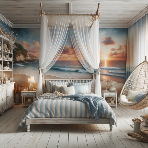 10-Photo-of-a-serene-coastal-themed-bedroom.-The-focal-point-is-a-canopy-bed-with-sheer-white-drapes-set-against-a-mural-of-a-sunset-beach-scene Over 100 Beautiful Beach Themed Bedroom Ideas