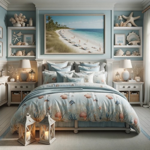 3-Photograph-of-a-spacious-master-bedroom-with-coastal-inspirations.-Light-blue-walls-set-a-tranquil-tone-while-the-bed-features-a-comforter Over 100 Beautiful Beach Themed Bedroom Ideas