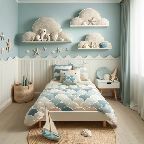 5-Photo-of-a-beautiful-and-simple-beach-themed-kids-bedroom.-The-room-features-pale-blue-walls-reminiscent-of-the-sky-with-a-white-cloud-shaped-shelf Over 100 Beautiful Beach Themed Bedroom Ideas
