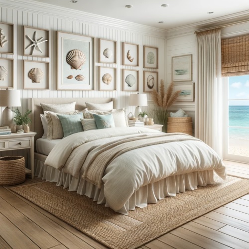 7-Photo-of-a-coastal-master-bedroom-with-polished-wood-floors.-The-walls-are-painted-in-a-pristine-white-serving-as-a-canvas-for-beach-themed-wall-decor Over 100 Beautiful Beach Themed Bedroom Ideas