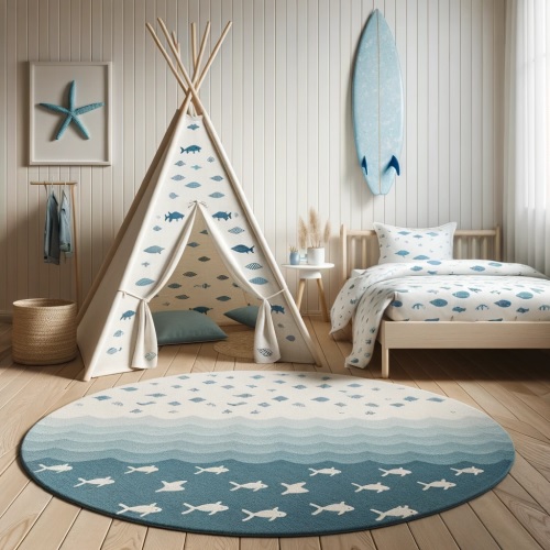 9-Photograph-of-a-minimalist-beach-inspired-kids-bedroom.-The-wooden-floor-is-covered-with-a-soft-blue-rug-that-mirrors-the-oceans-hue Over 100 Beautiful Beach Themed Bedroom Ideas