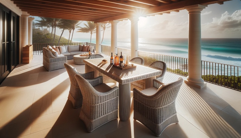 outdoor-balcony-with-modern-furniture-and-an-oceafront-view Create Elegant Comfort with Modern Outdoor Furniture